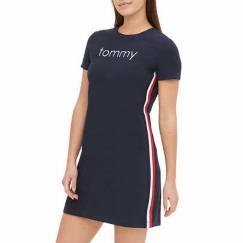 Tommy Hilfiger Navy Blue T-Shirt Style Dress with Side Stripe
